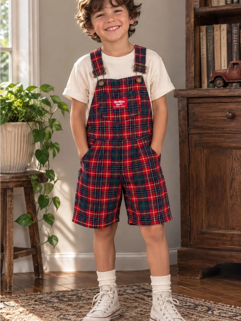Vintage OshKosh B’gosh Plaid Shortalls Overalls Red Green Boys Size 5 USA